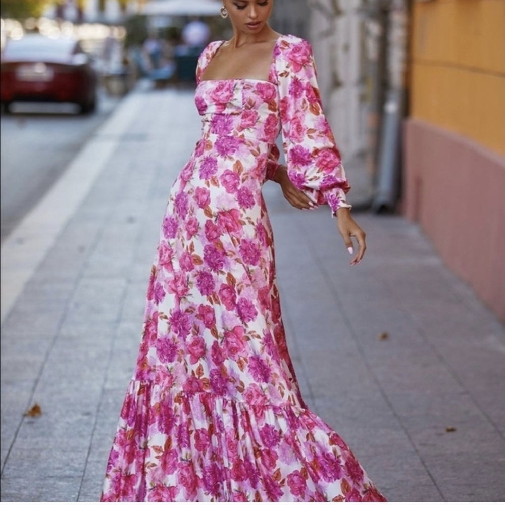 Alamour The Label Melia Dress Pink Red Floral Flowy Maxi Size Large